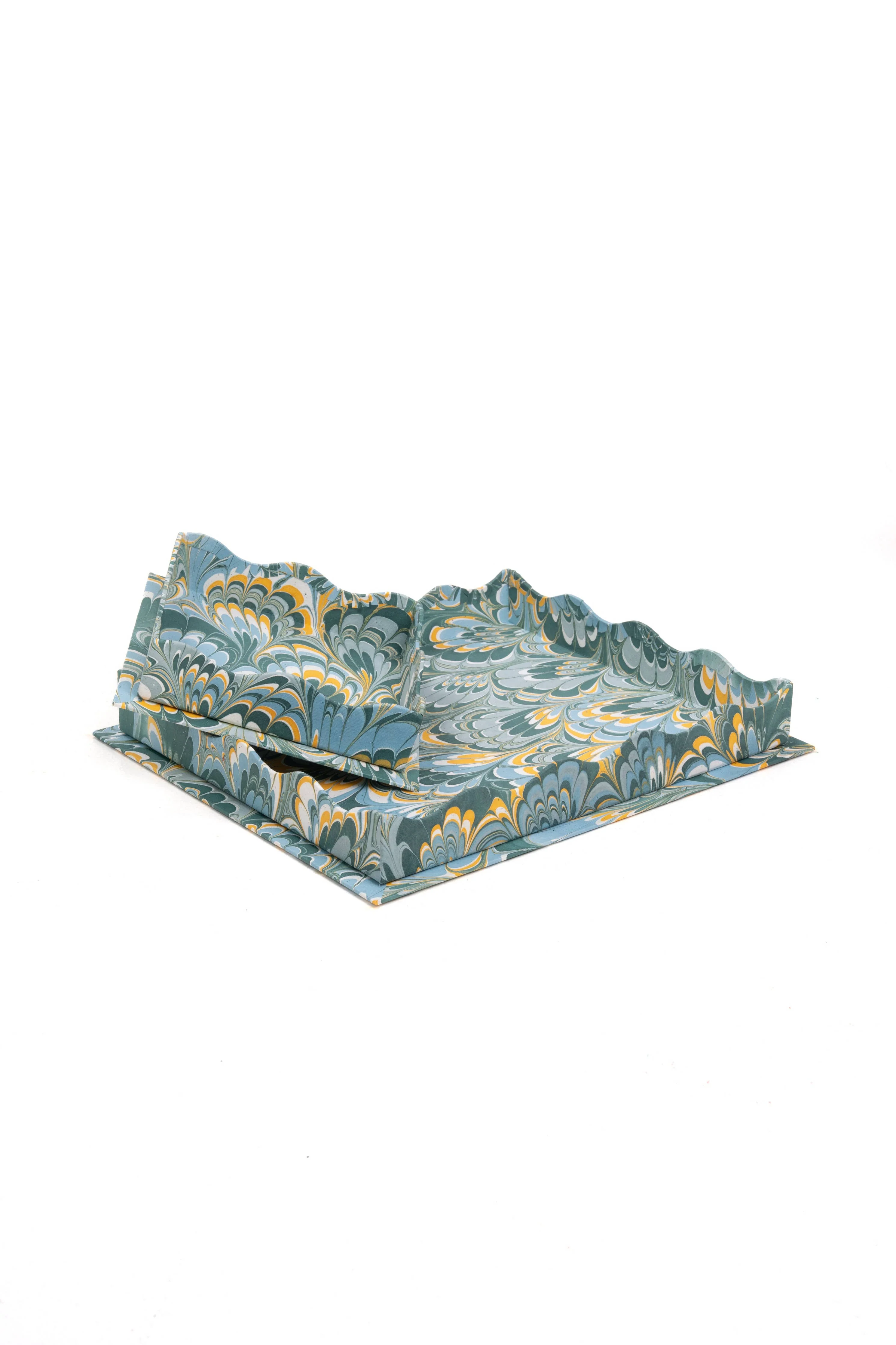 Nesting Scalloped Hand-Marbled Trays in Blue - Image 3