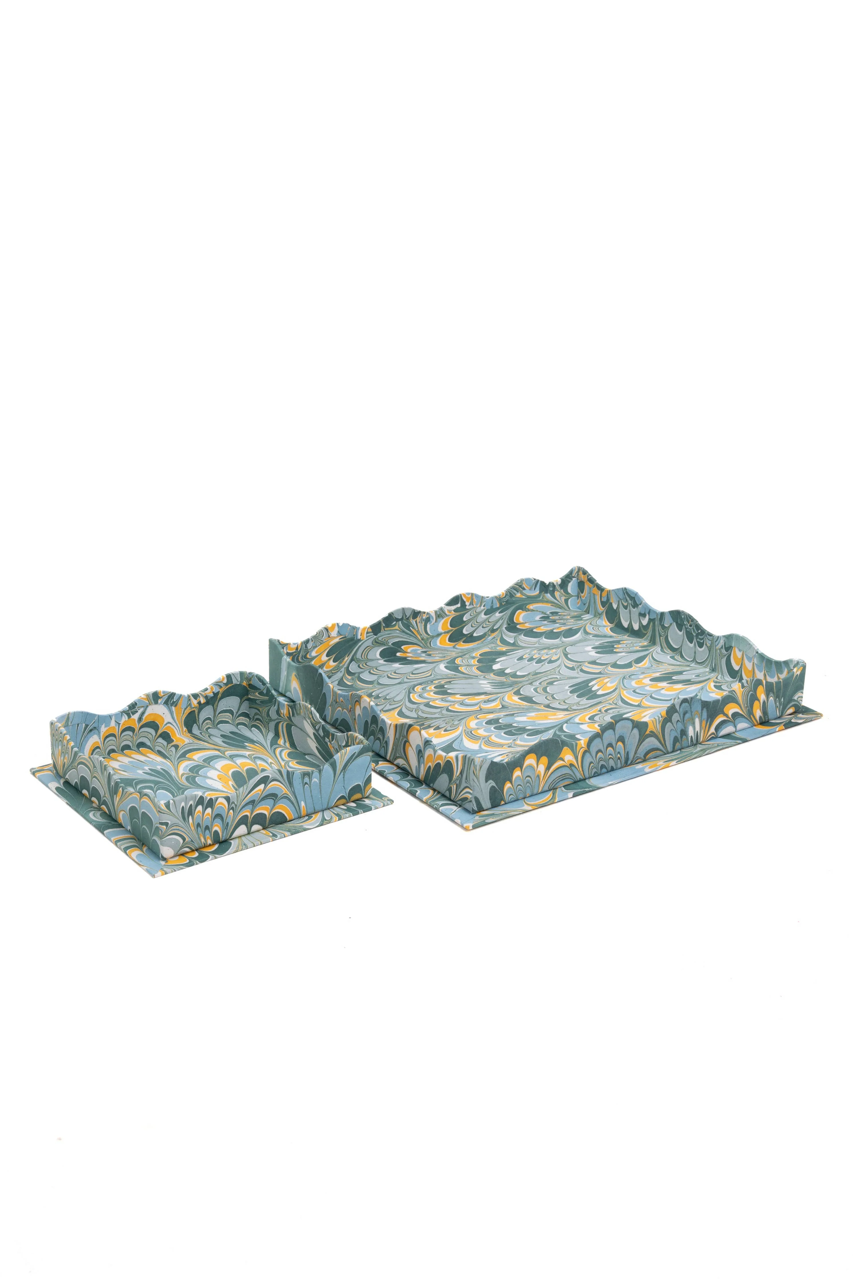 Nesting Scalloped Hand-Marbled Trays in Blue - Image 4