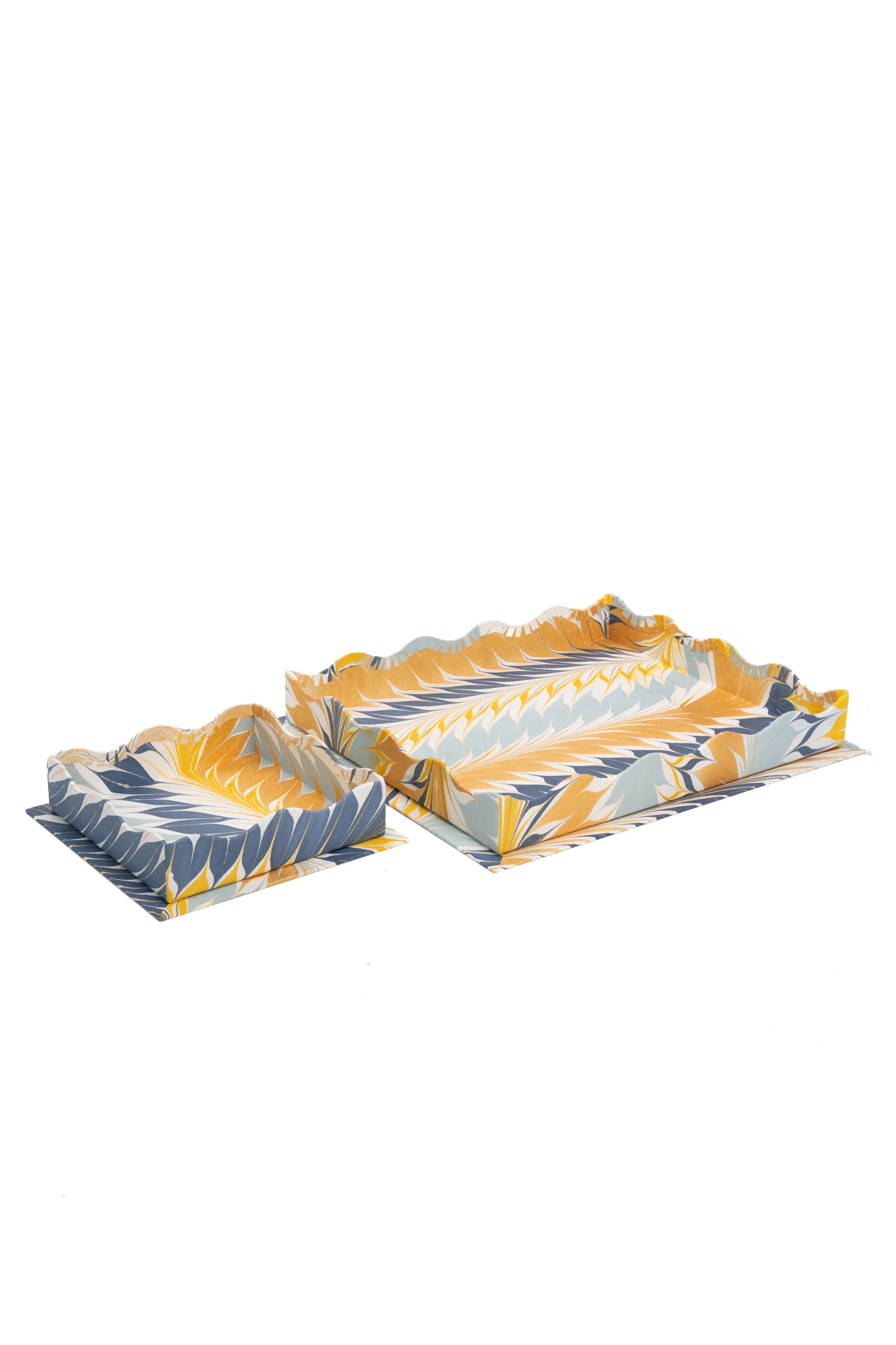 Nesting Scalloped Hand-Marbled Trays in Golden Blue - Image 3