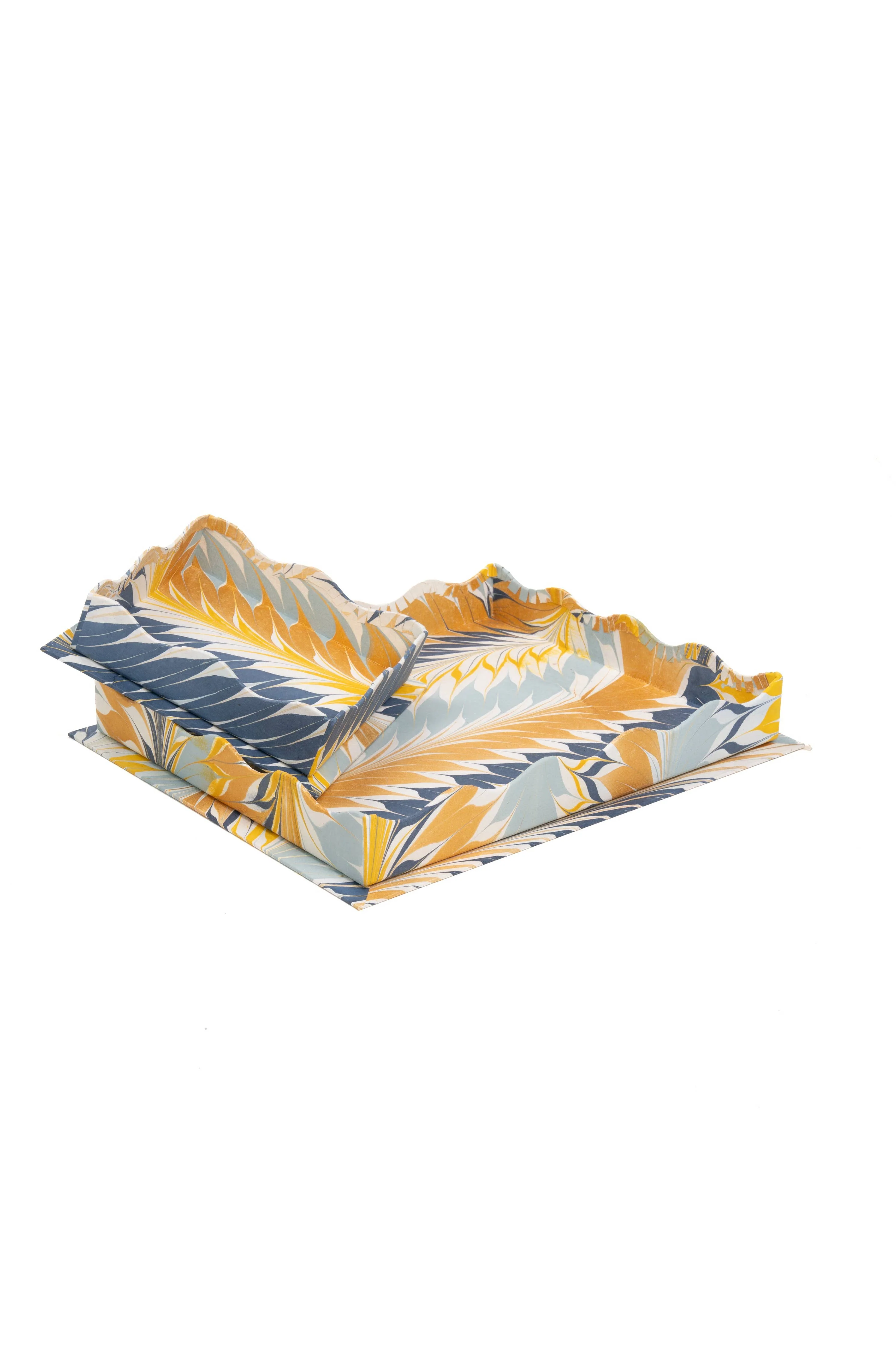 Nesting Scalloped Hand-Marbled Trays in Golden Blue - Image 4